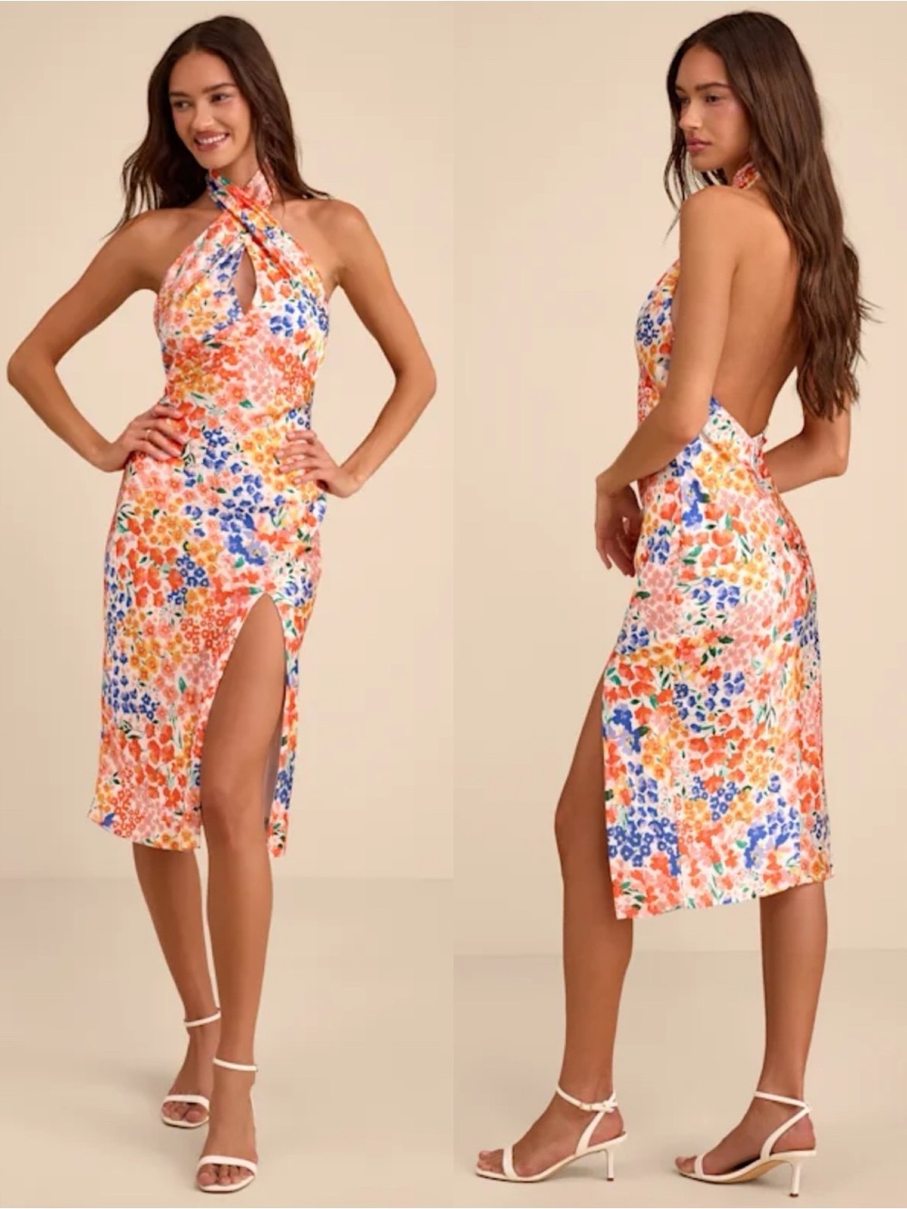 Lulu's Floral Halter Midi Dress in Orange, Blue & White